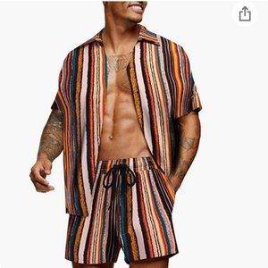 MEN SUMMER 2 PIECE TRACKSUIT CASUAL BUTTON DOWN SHORT SLEEVE HAWAIIAN SHIRT AND